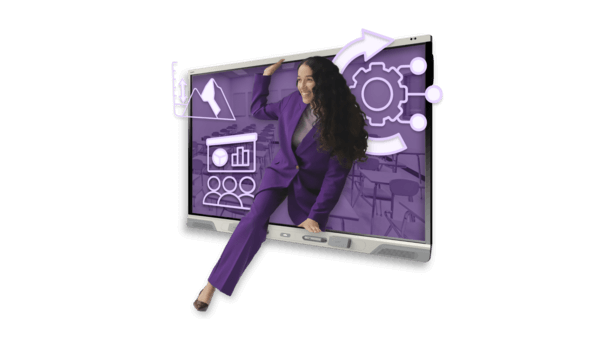 Visual graphic of a woman in purple dress pants stepping out of a SMART Board