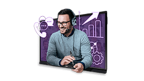 Man smiling inset into a SMART Board with support icons around him.