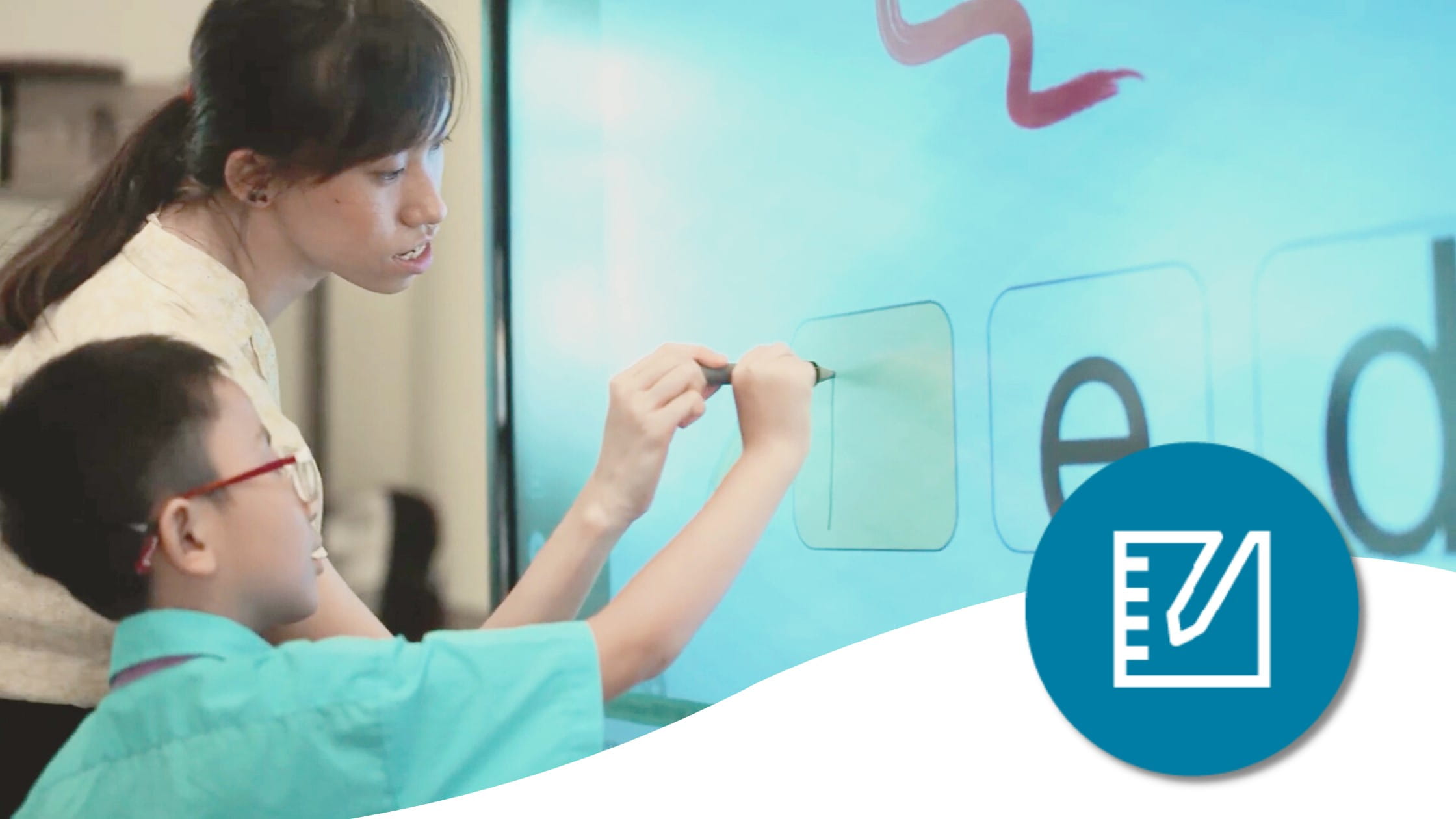 A student and teacher working collaboratively on a SMART Interactive Display with Notebook. A SMART Notebook logo in blue appears on the bottom right of the image. 