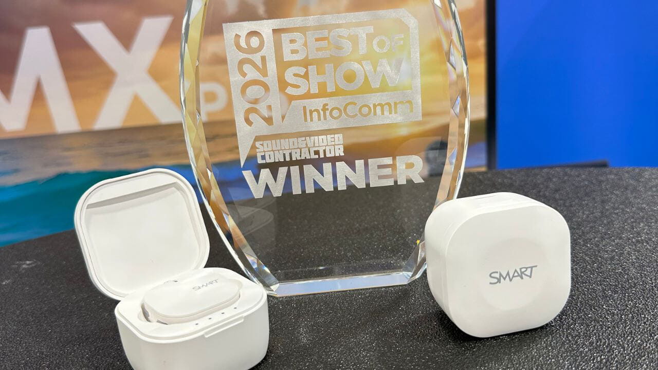 2026 Best of Show winner award for InfoComm with SMART SoundLift product and MX Pro display in background.