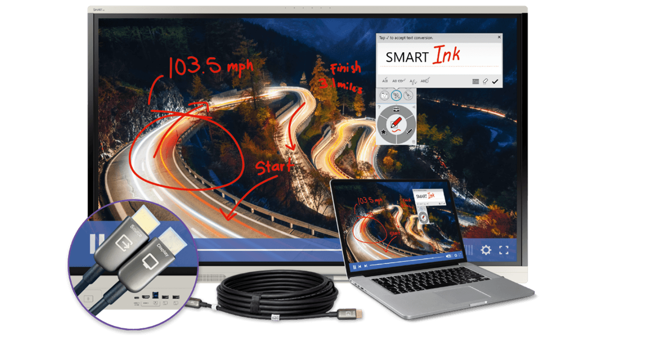 SMART Board MX series display with SMART Ink engaged on laptop with a SMART HDMI Cable.