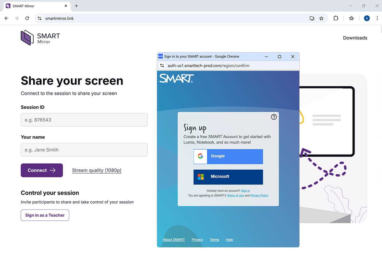 Screen capture showing SMART Mirror sign in as a teacher