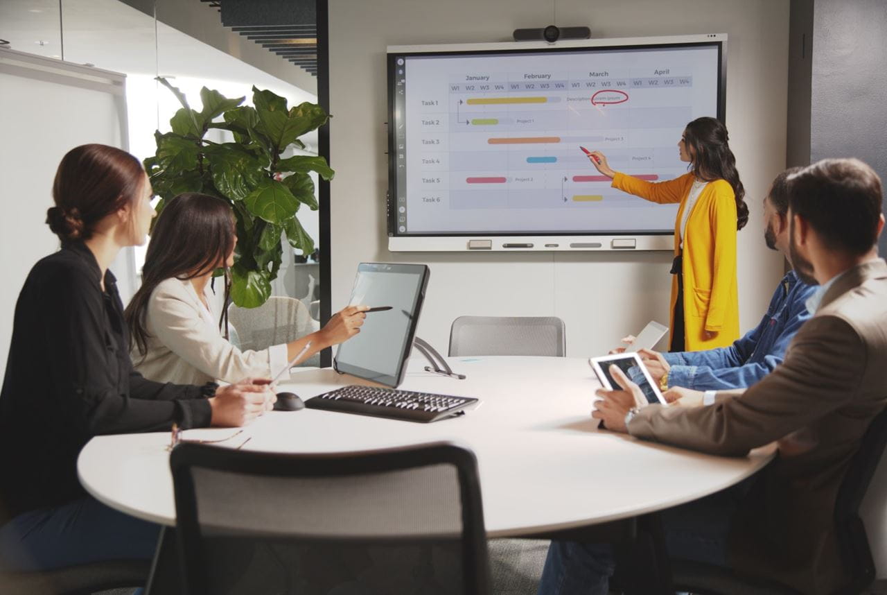 A group of professionals taking part in corporate training using an interactive display.