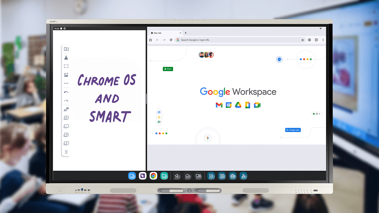 A SMART Board with split screen. On the right is the Google Workspaces and on the left is the in-built SMART Whiteboard. Image shows interoperability between the two systems.