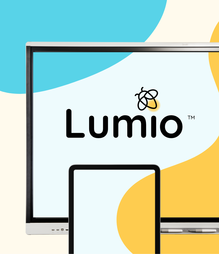 SMART Board and tablet displaying the Lumio logo with colorful abstract shapes in the background.