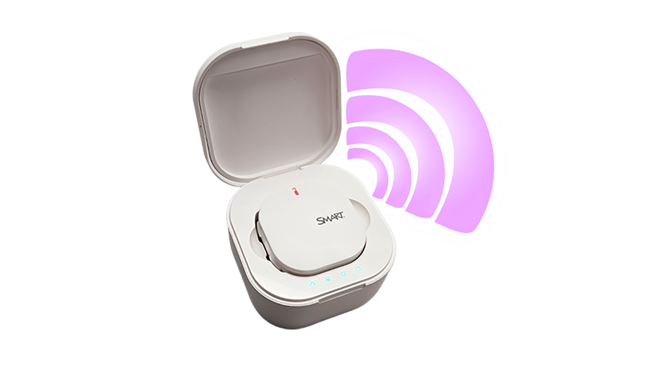 SMART SoundLift with charging case open and transmitter