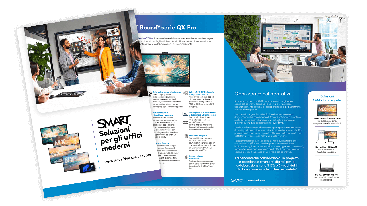 Cover and interior spread of SMART's 'Solutions for the Modern Workplace' brochure, highlighting collaboration tools.