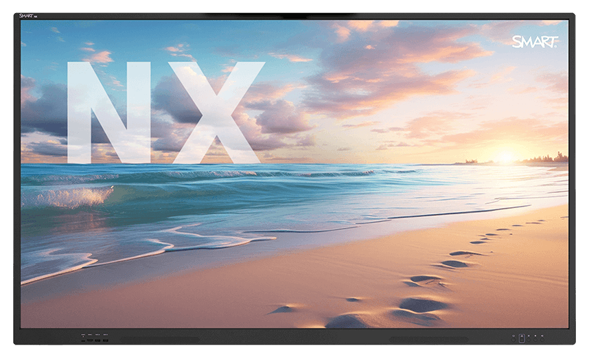SMART board NX series non-interactive display in bezel, featuring a stunning beach sunset background.