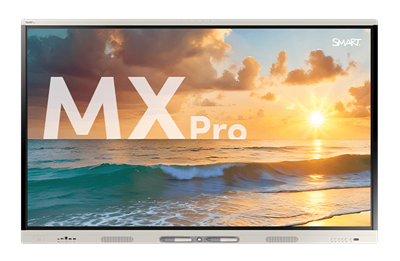 The SMART Board MX Pro display, showing a serene beach sunset scene.