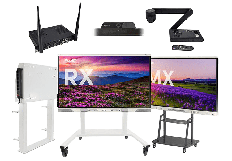 A variety of accessories for interactive displays are shown, including a wireless router, cameras, a document camera, remote controls, and mounts, alongside the SMART Board RX and MX series displays with vibrant screen images.