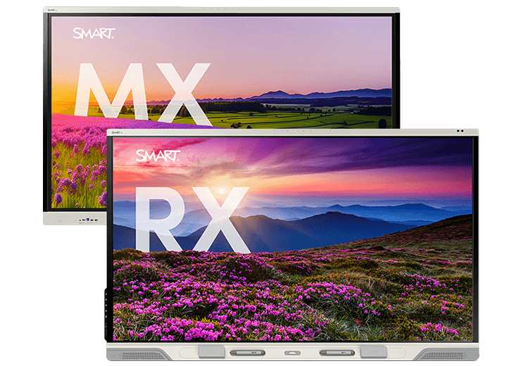 An image showing two SMART interactive displays, the top display branded with the MX series against a purple sky with lavender fields, and the bottom display with the RX series featuring a sunset over a mountainous landscape with pink flowers in the foreground.