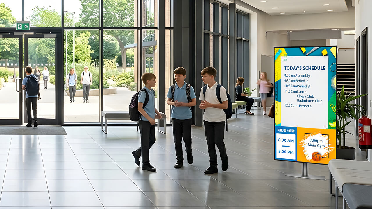 Digital signage displaying schedules and announcements in a school hallway.