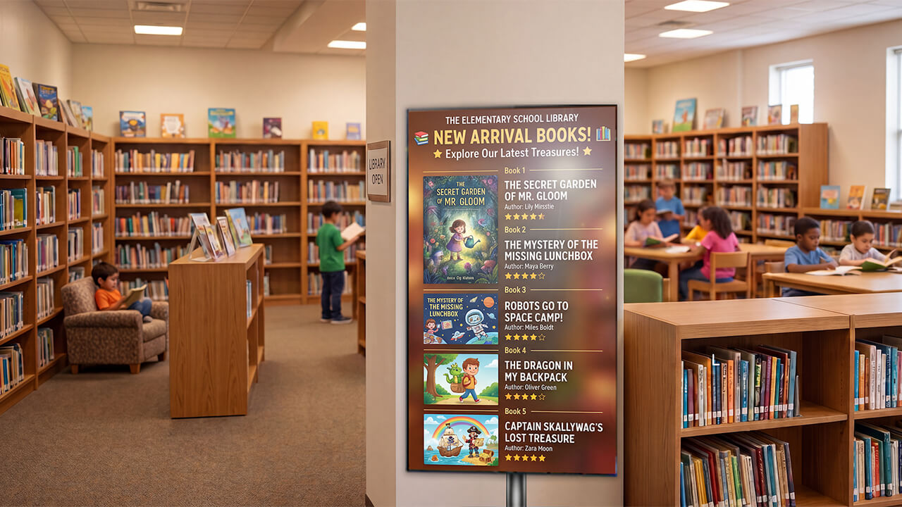 Digital signage promoting new book arrivals in a school library.