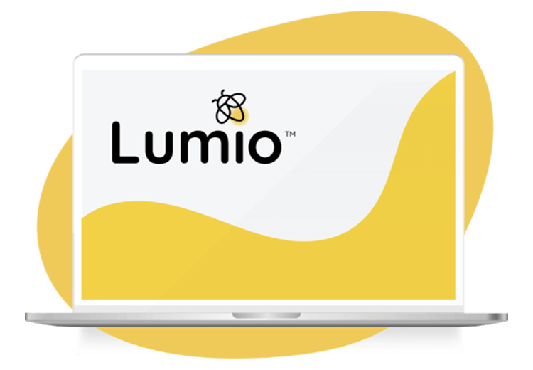 Lumio logo displayed on a laptop screen with a yellow and white background, featuring the firefly icon and wavy design.